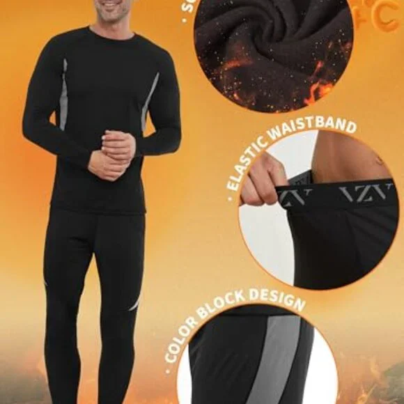 Fleece Lined Thermal Underwear Set Men's Base Layer 4-Way Stretch Moisture
